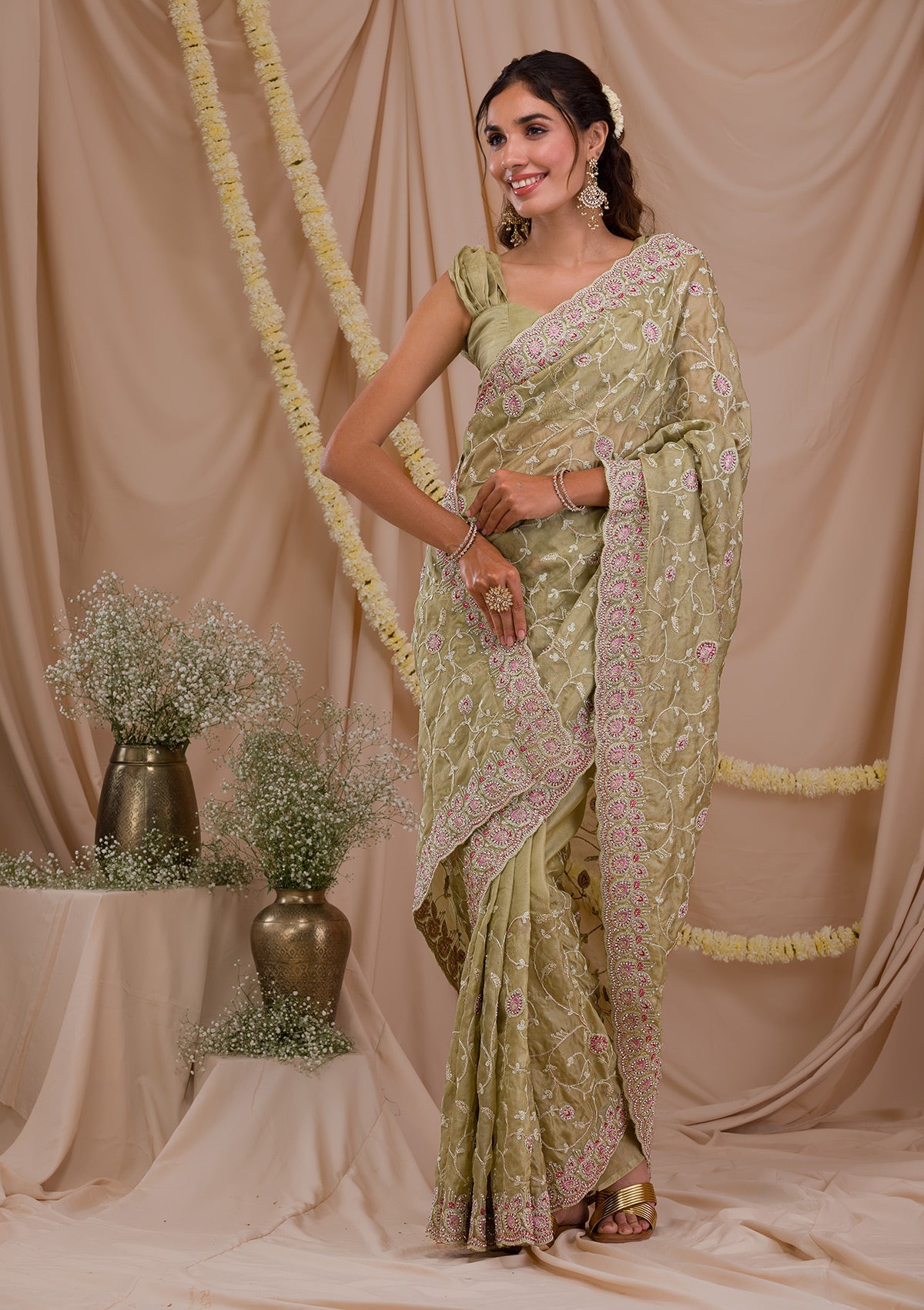 Pista Green Stonework Net Saree-Koskii
