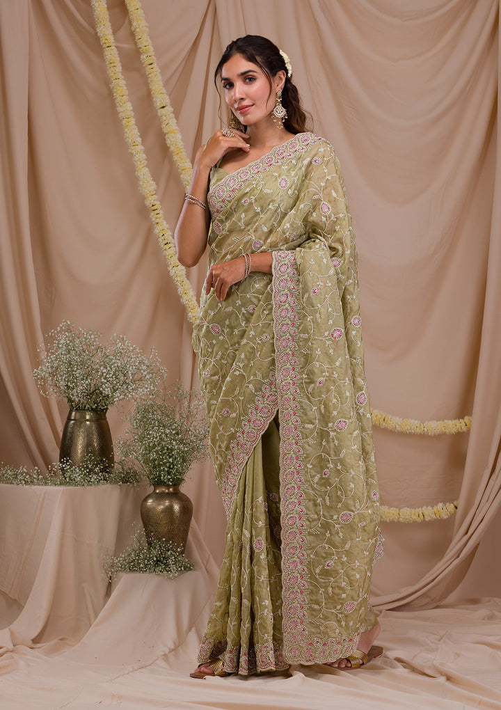 Pista Green Stonework Net Saree-Koskii