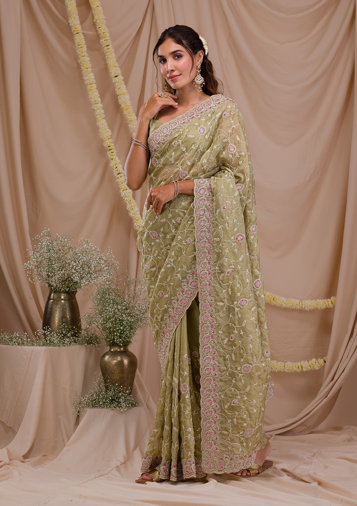 Pista Green Stonework Net Saree-Koskii