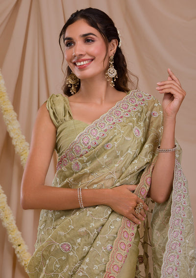 Pista Green Stonework Net Saree-Koskii