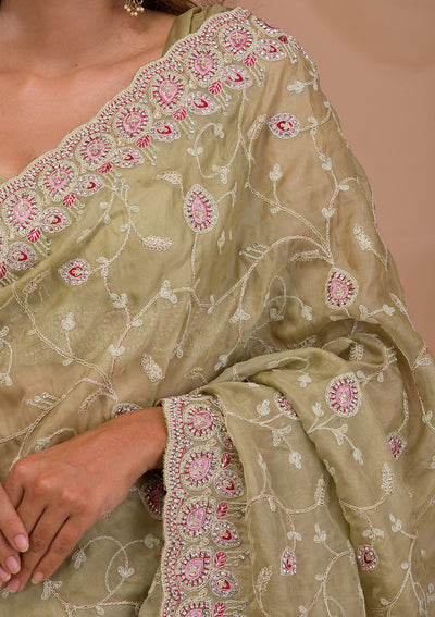 Pista Green Stonework Net Saree-Koskii