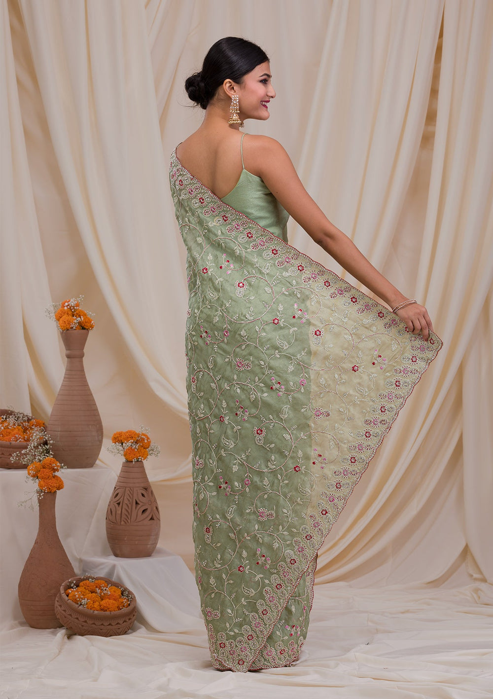 Pista Green Stonework Net Saree-Koskii