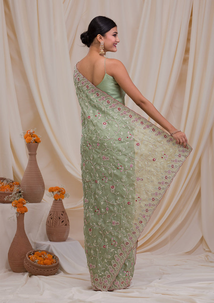 Pista Green Stonework Net Saree-Koskii