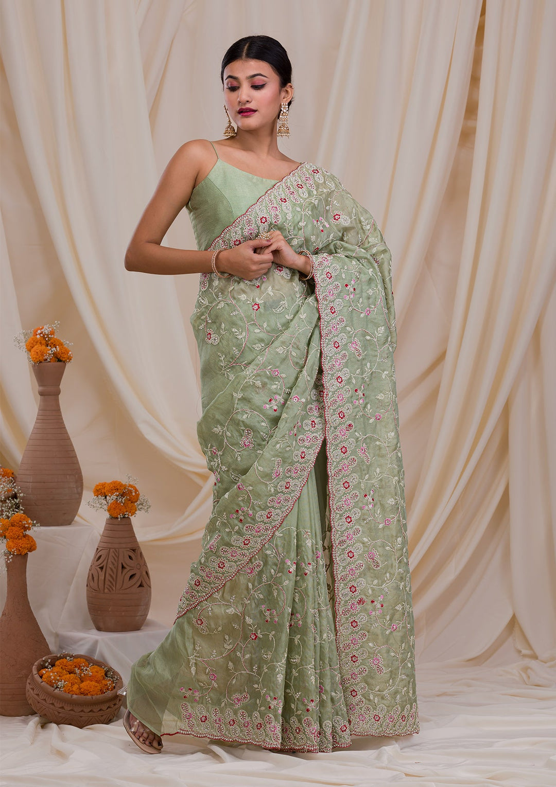 Pista Green Stonework Net Saree-Koskii