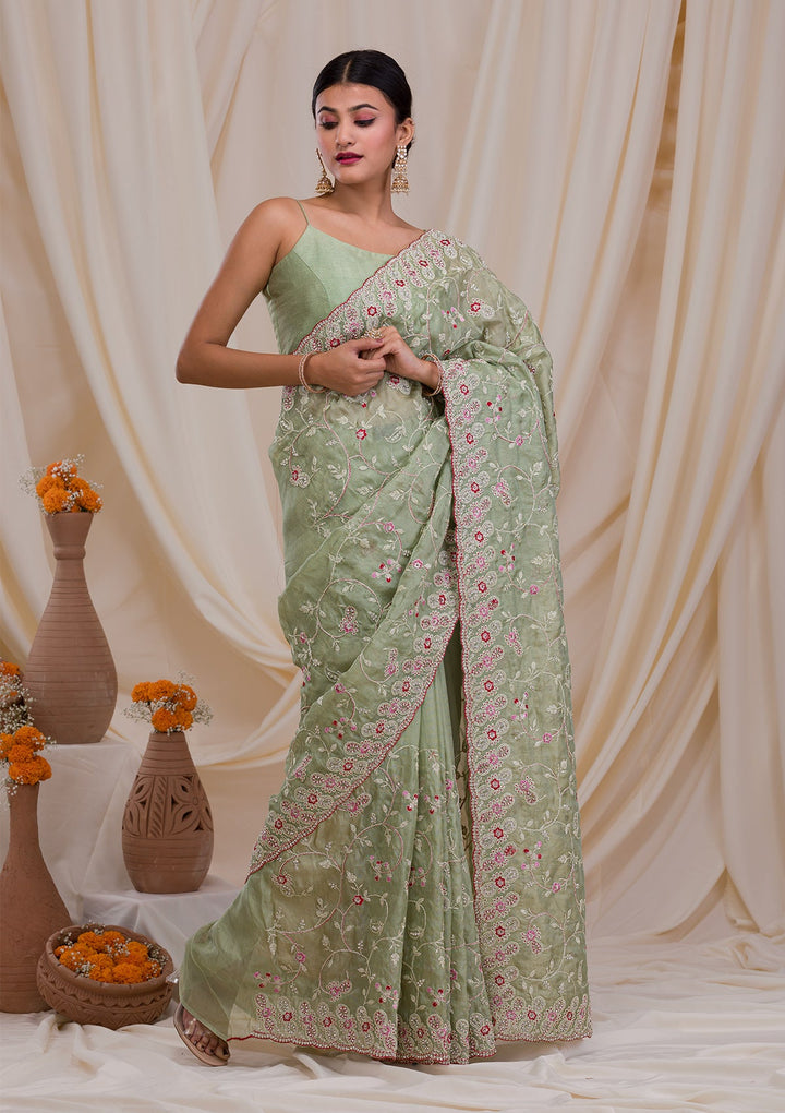 Pista Green Stonework Net Saree-Koskii