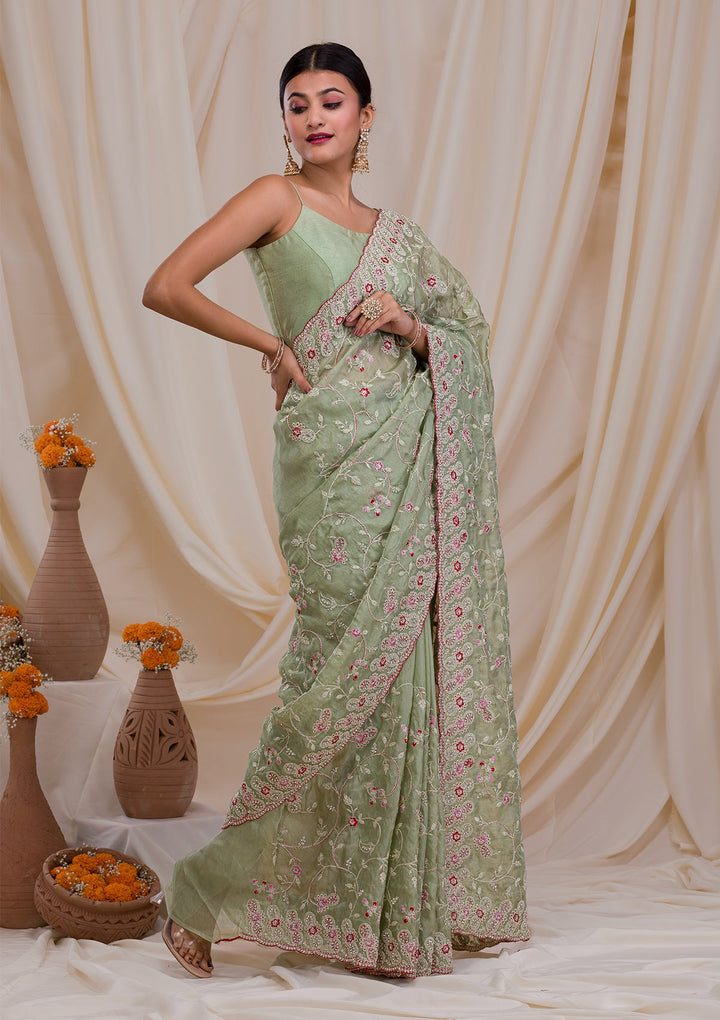 Pista Green Stonework Net Saree-Koskii