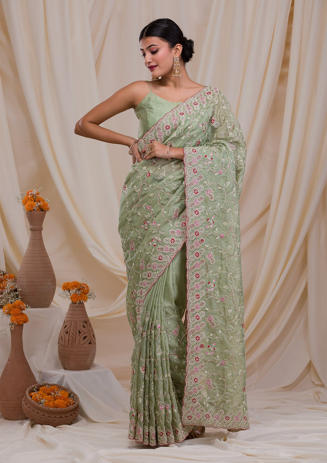 Pista Green Stonework Net Saree-Koskii