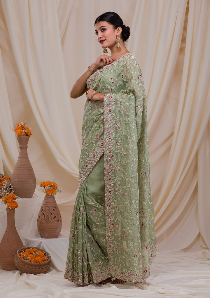 Pista Green Stonework Net Saree-Koskii