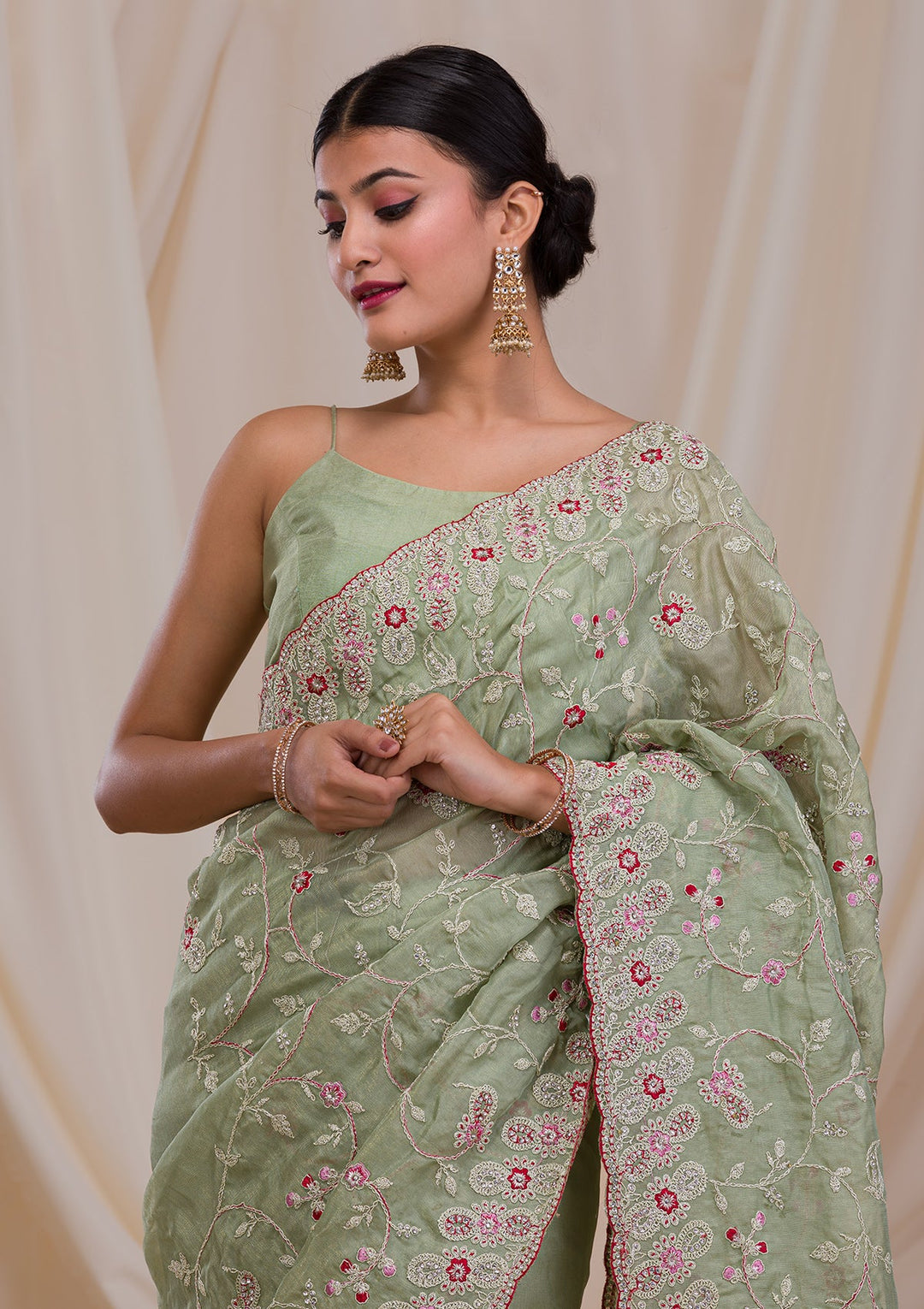 Pista Green Stonework Net Saree-Koskii