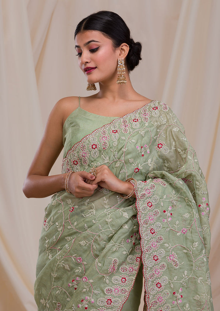 Pista Green Stonework Net Saree-Koskii