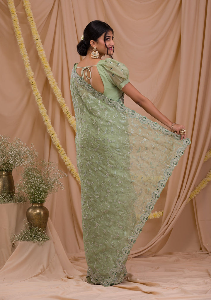 Pista Green Stonework Net Saree-Koskii