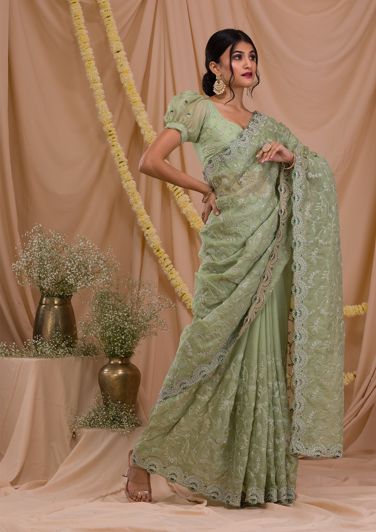 Pista Green Stonework Net Saree-Koskii