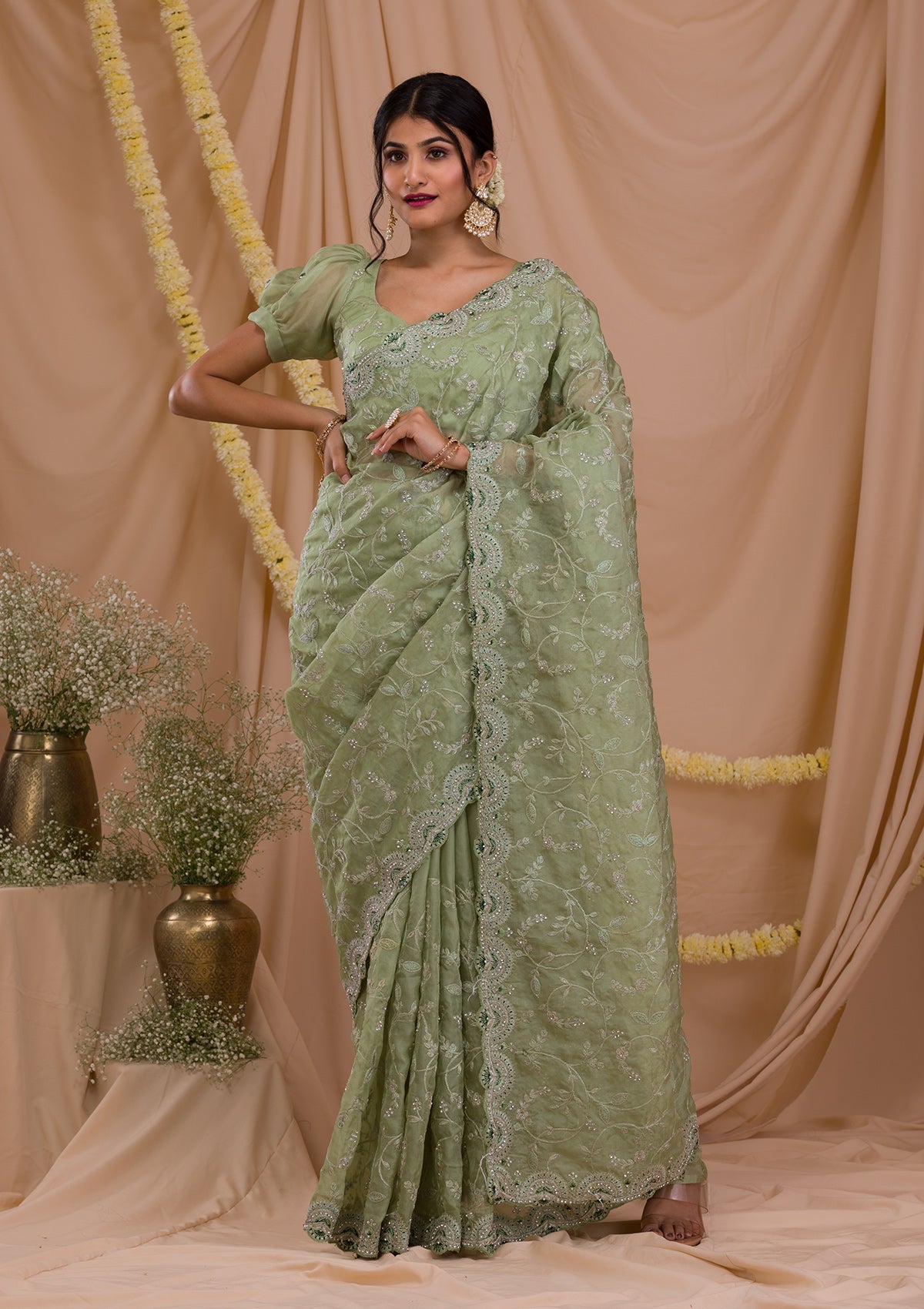 Pista Green Stonework Net Saree-Koskii