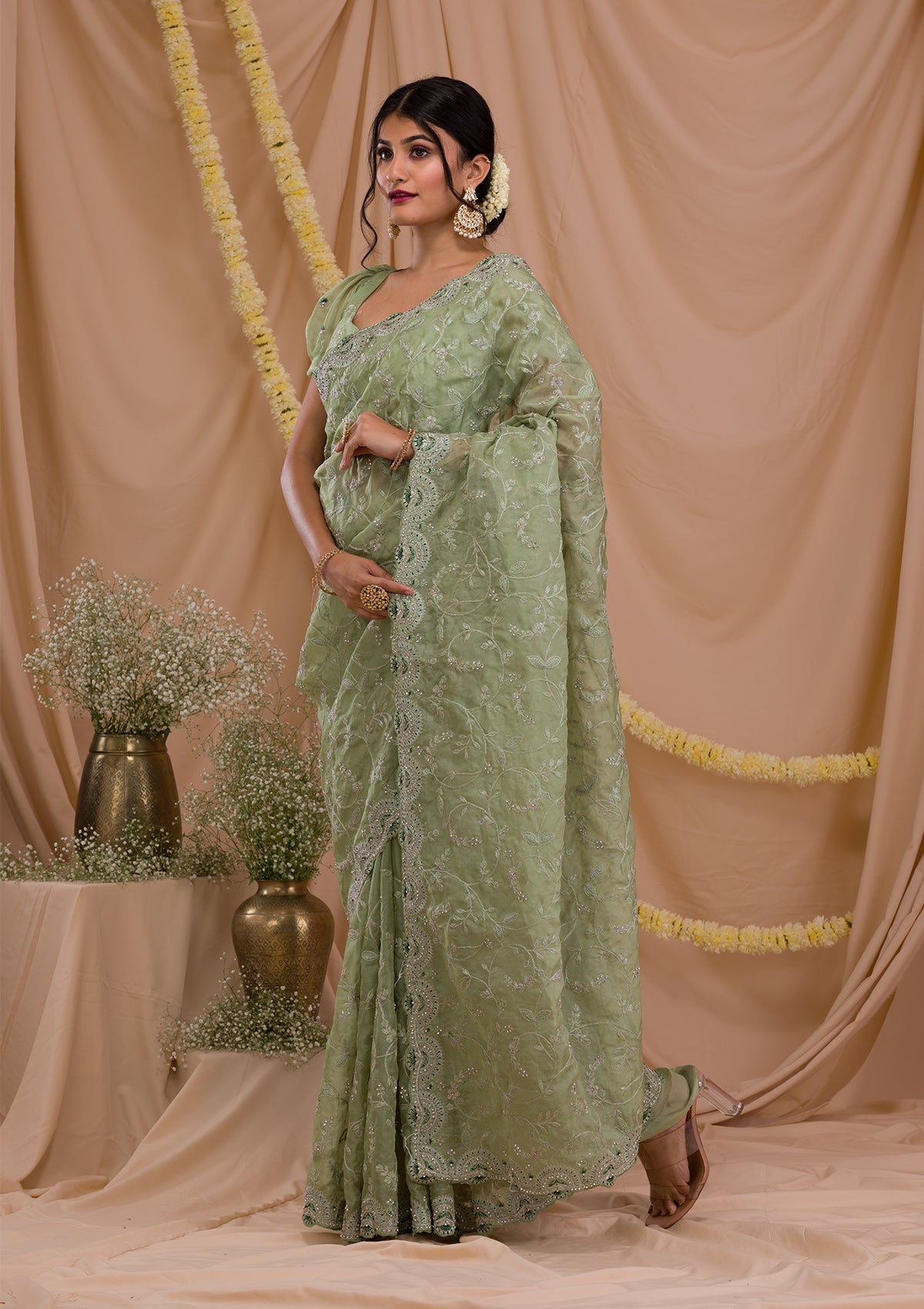 Pista Green Stonework Net Saree-Koskii