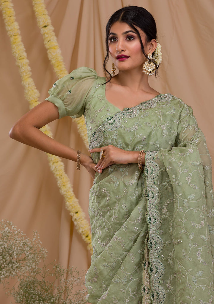 Pista Green Stonework Net Saree-Koskii