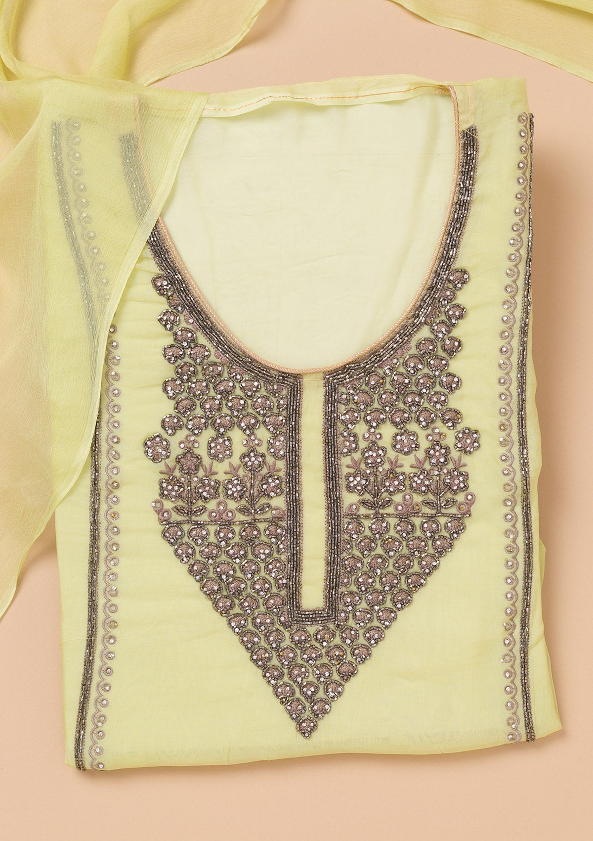 Pista Green Stonework Organza Unstitched Salwar Suit-Koskii
