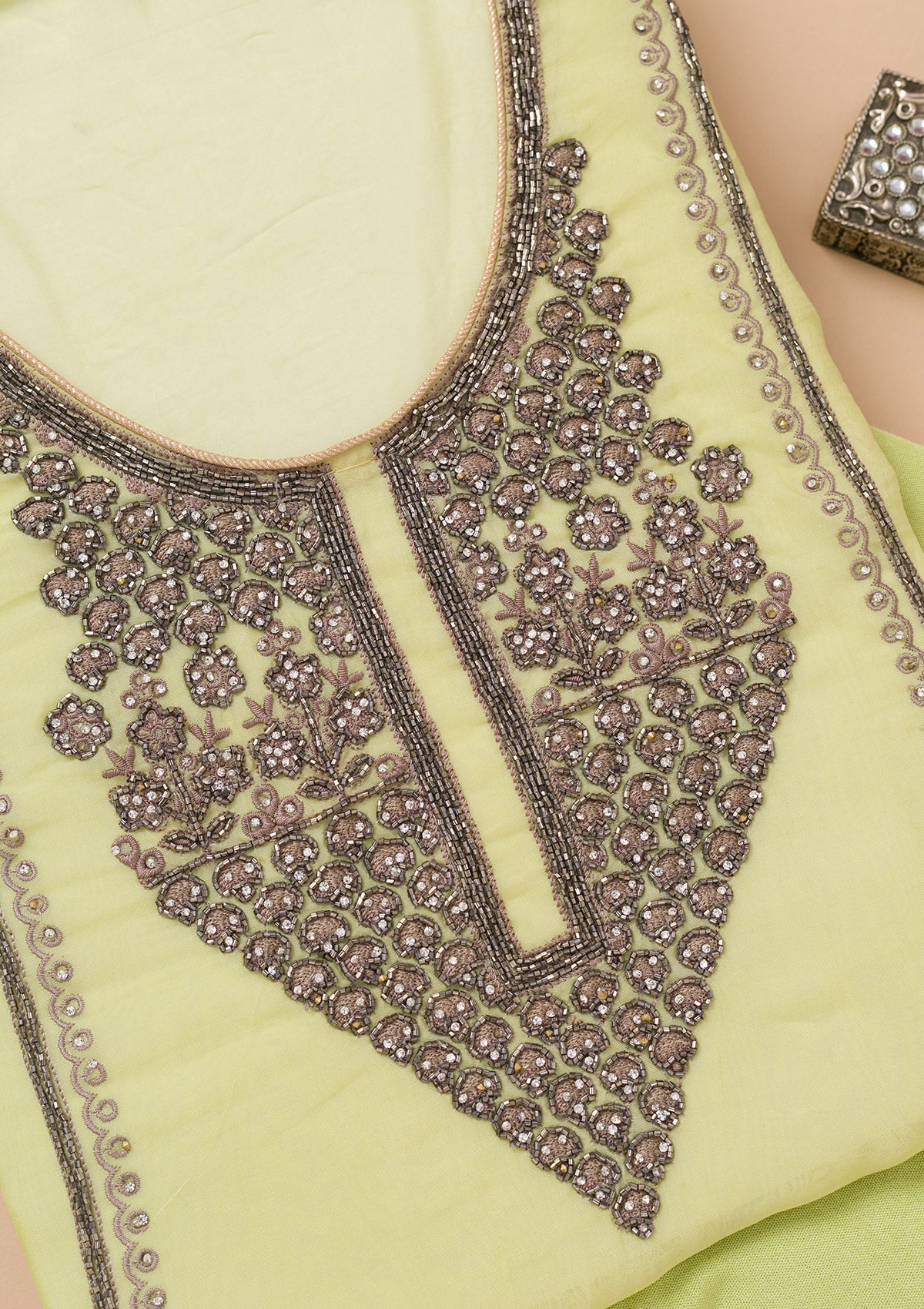 Pista Green Stonework Organza Unstitched Salwar Suit-Koskii