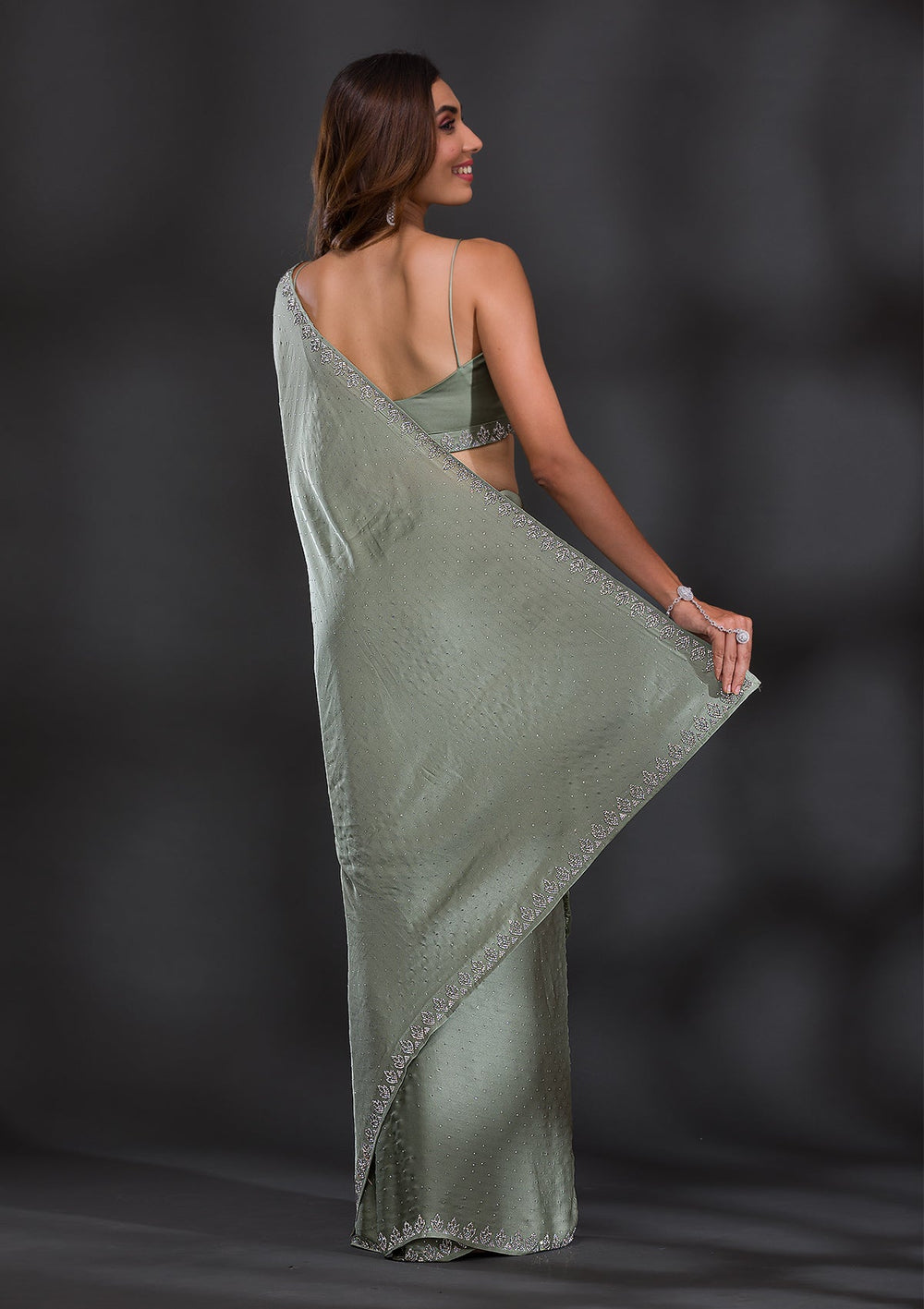 Pista Green Stonework Satin Saree-Koskii
