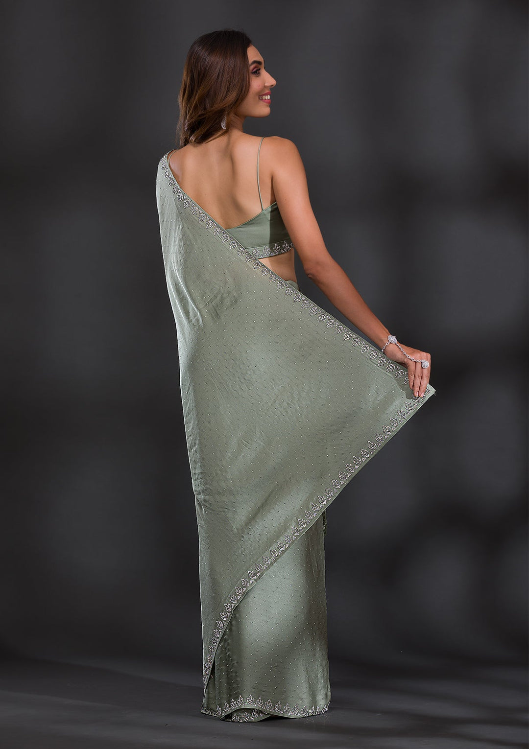 Pista Green Stonework Satin Saree-Koskii