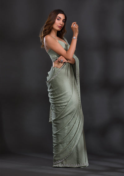 Pista Green Stonework Satin Saree-Koskii