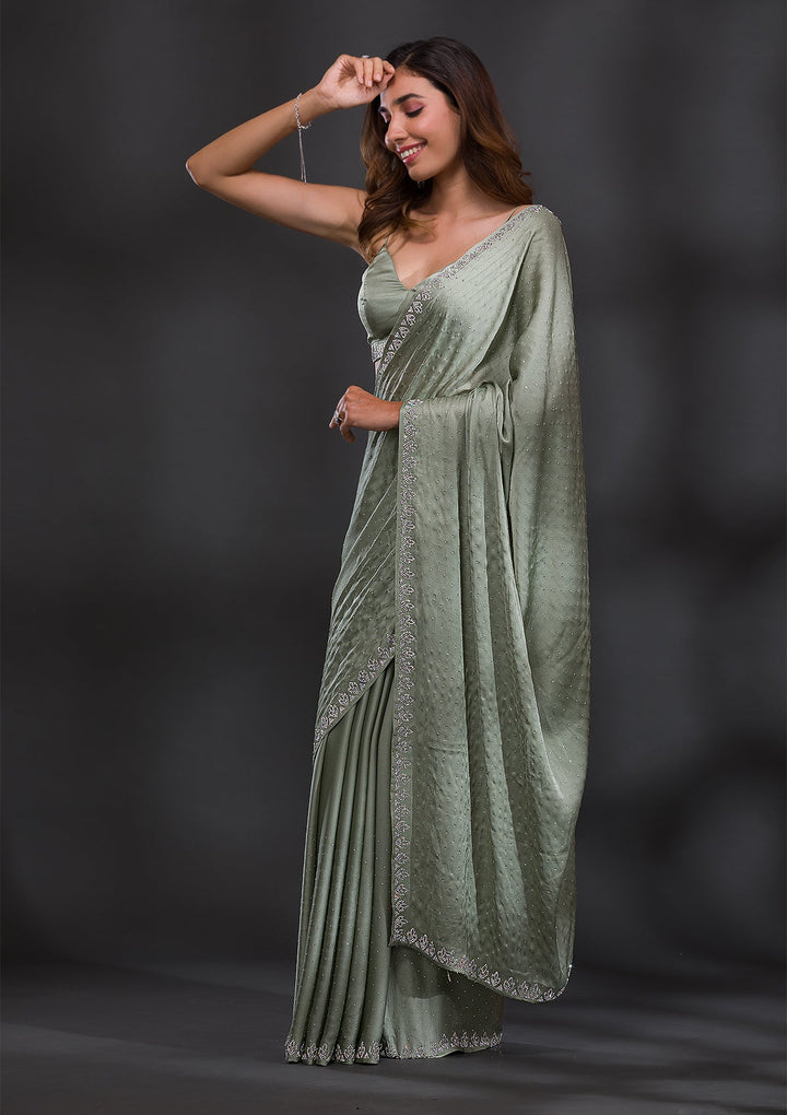 Pista Green Stonework Satin Saree-Koskii