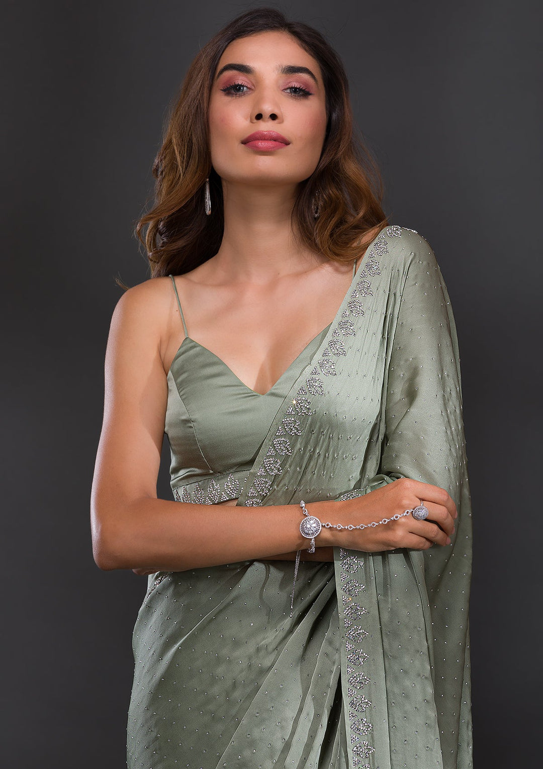 Pista Green Stonework Satin Saree-Koskii