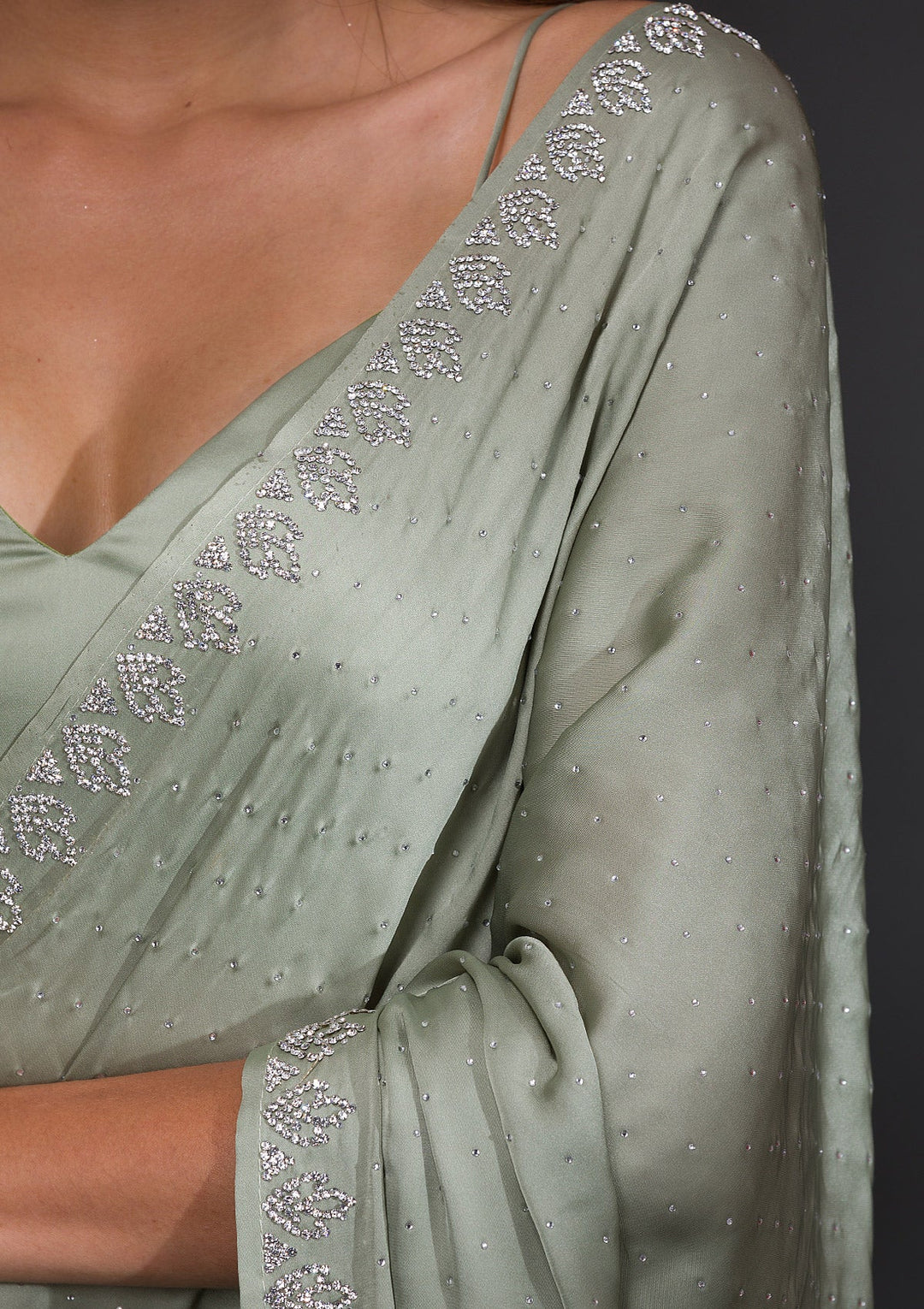 Pista Green Stonework Satin Saree-Koskii