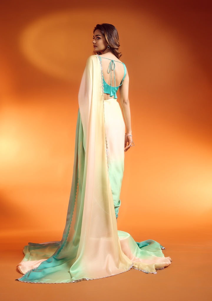 Green Ombre Stonework Satin Bollywood Saree
