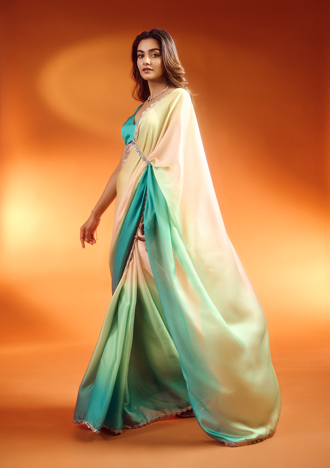 Green Ombre Stonework Satin Bollywood Saree