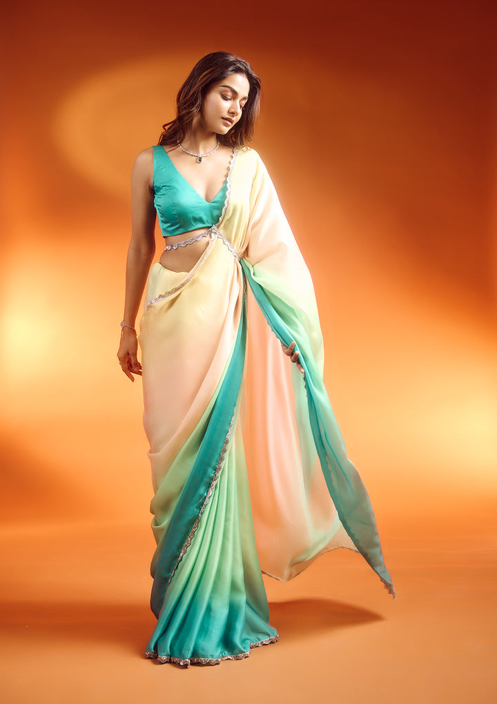 Green Ombre Stonework Satin Bollywood Saree