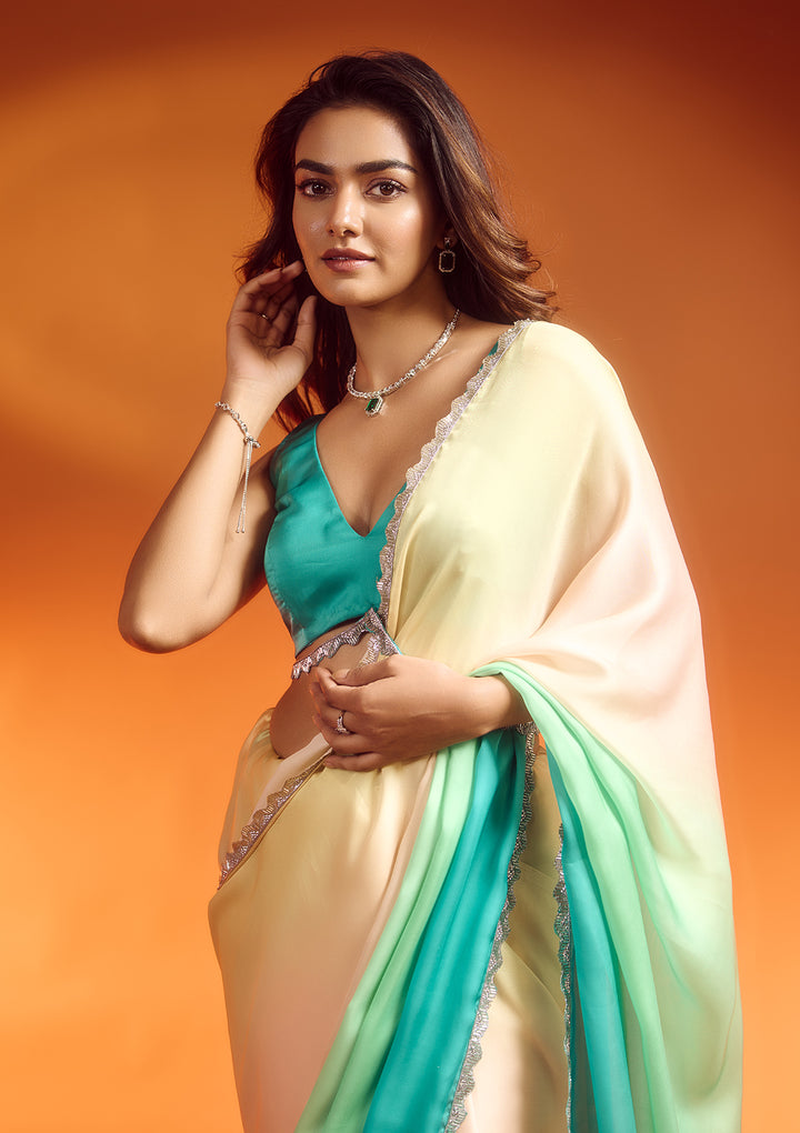 Green Ombre Stonework Satin Bollywood Saree