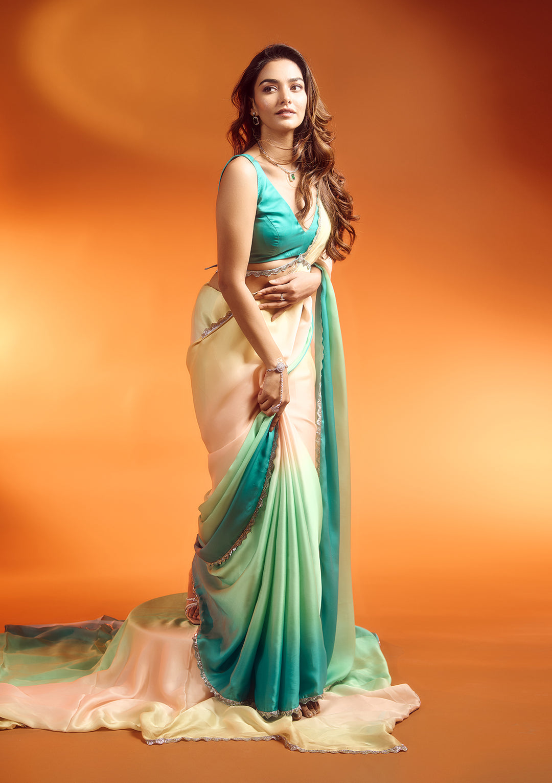 Green Ombre Stonework Satin Bollywood Saree