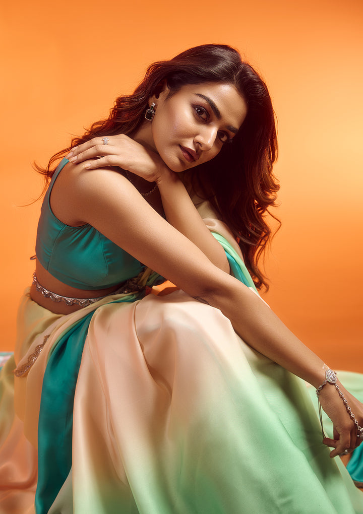 Green Ombre Stonework Satin Bollywood Saree