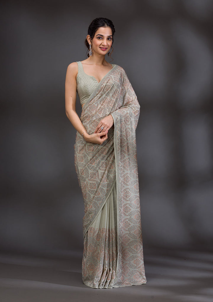 Pista Green Stonework Satin Saree-Koskii