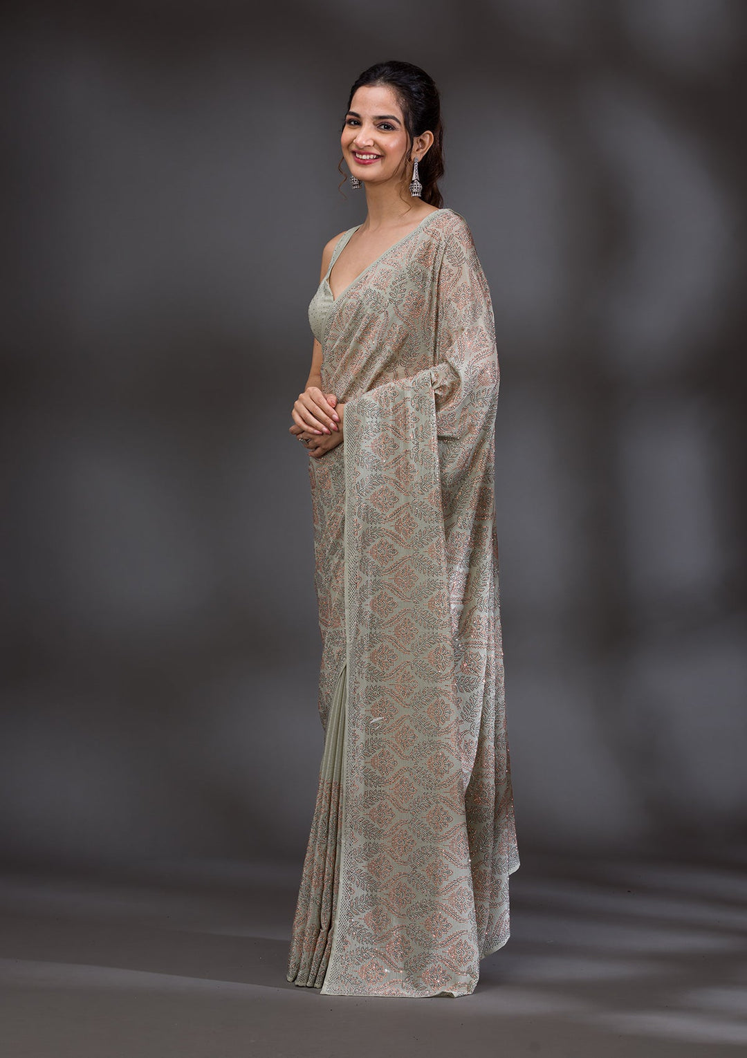 Pista Green Stonework Satin Saree-Koskii