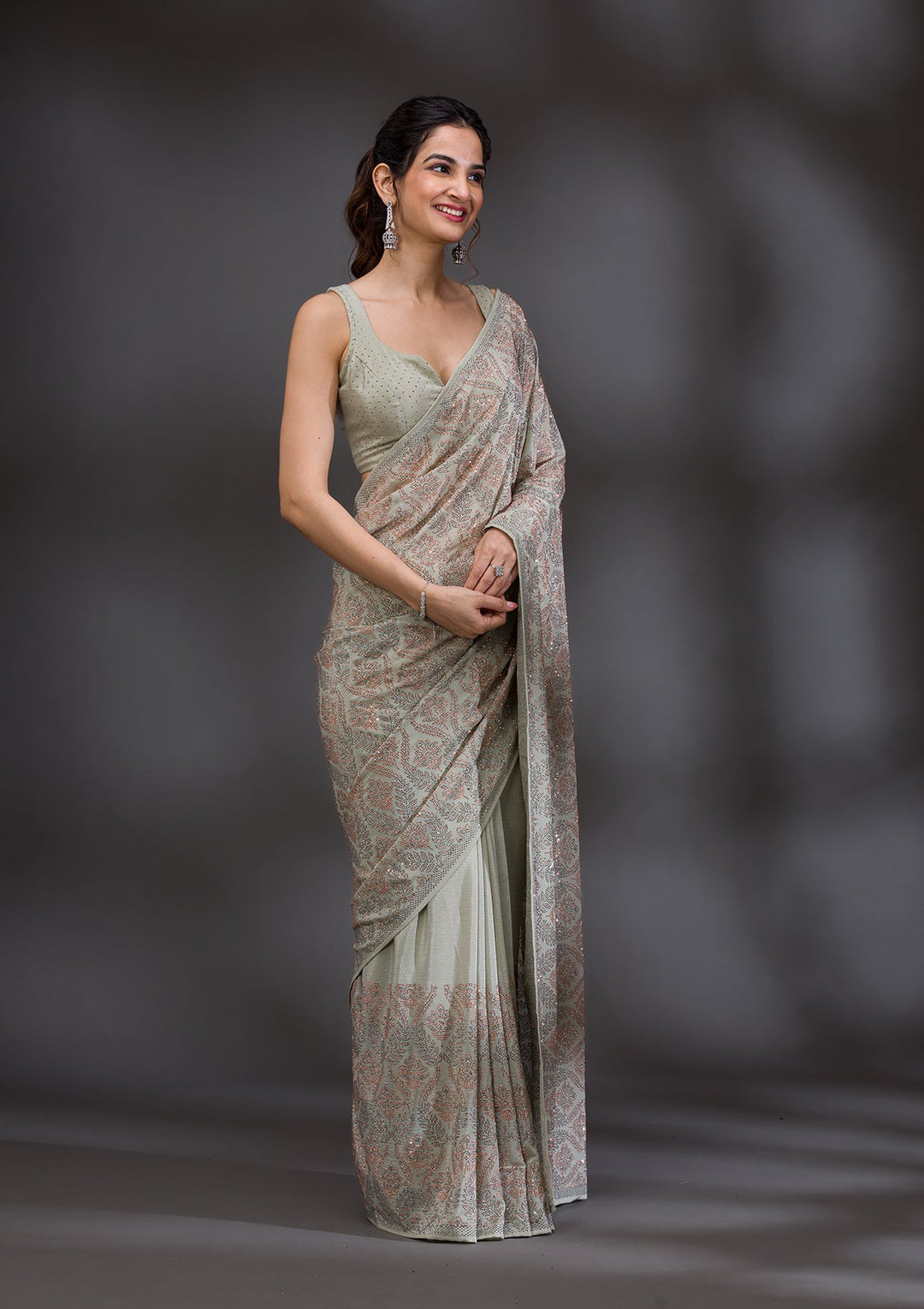 Pista Green Stonework Satin Saree-Koskii