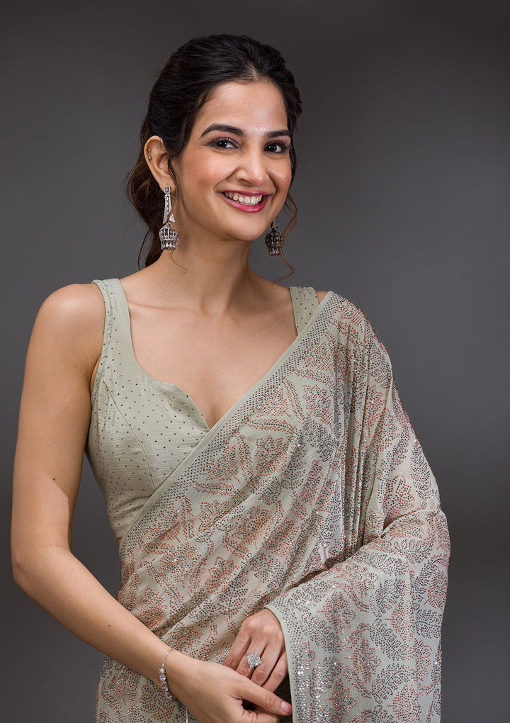 Pista Green Stonework Satin Saree-Koskii