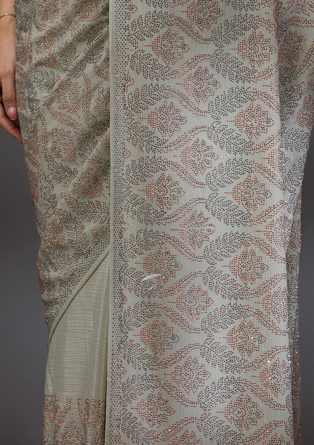 Pista Green Stonework Satin Saree-Koskii