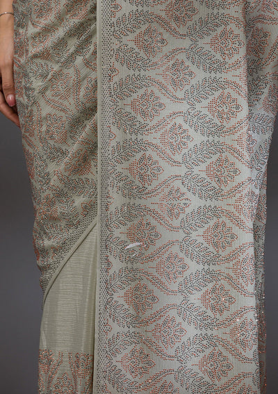 Pista Green Stonework Satin Saree-Koskii