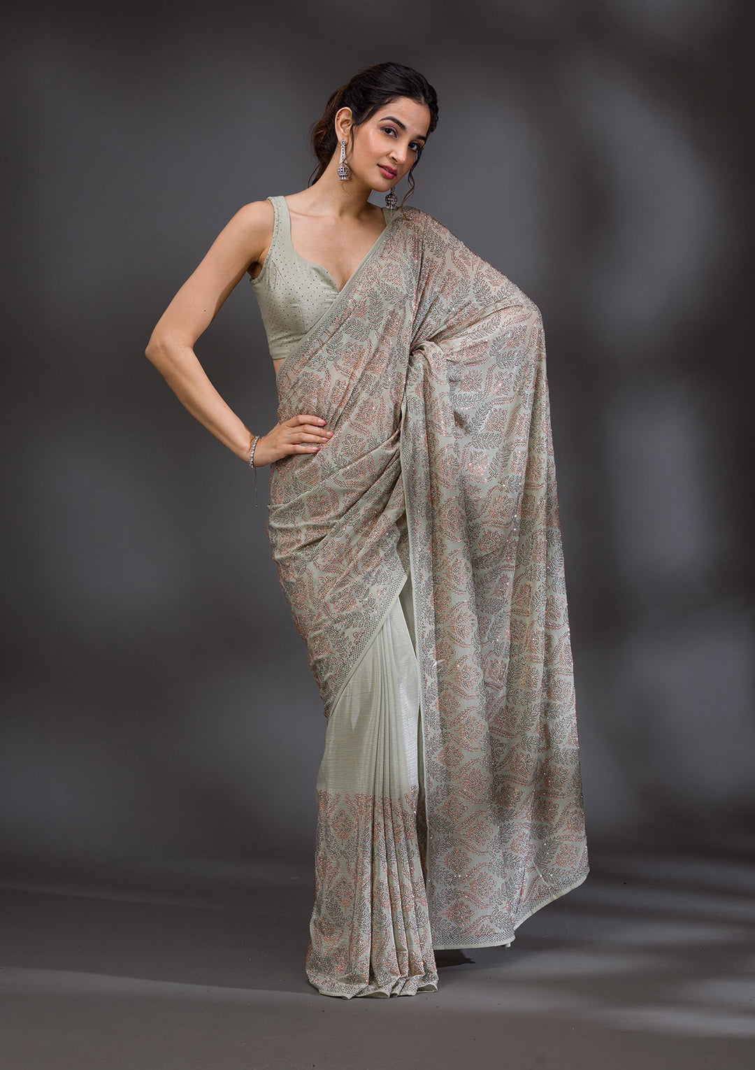 Pista Green Stonework Satin Saree-Koskii