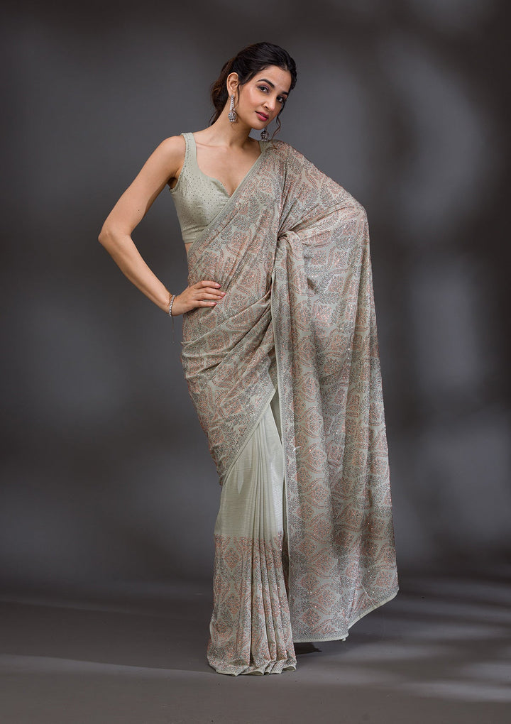 Pista Green Stonework Satin Saree-Koskii