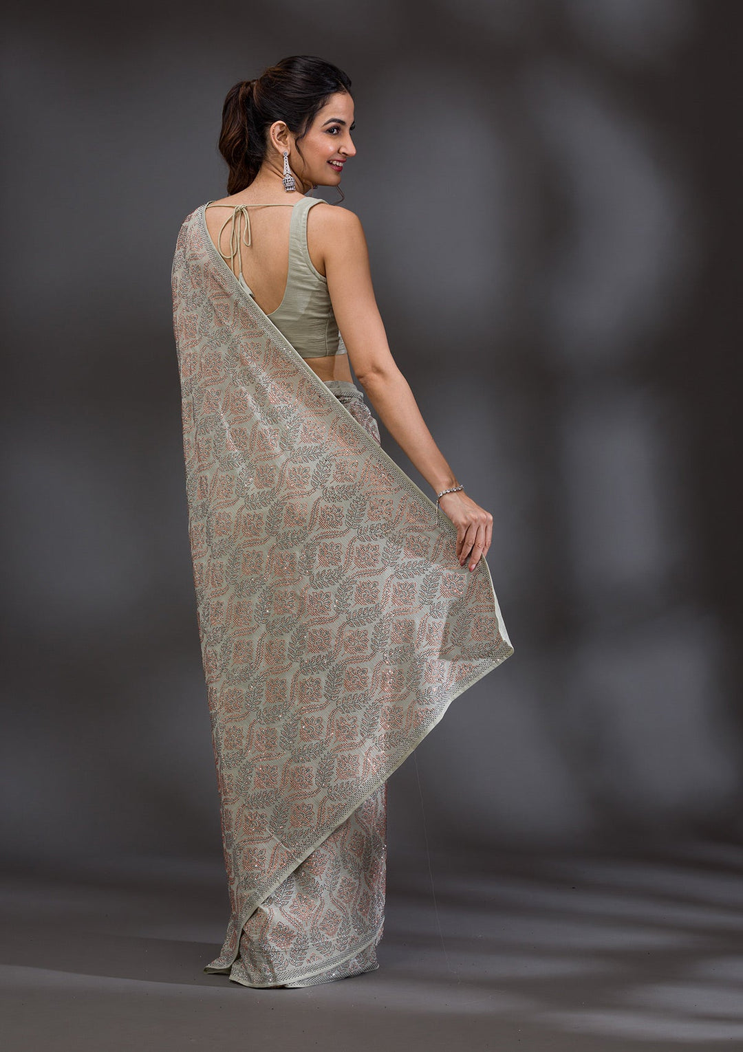 Pista Green Stonework Satin Saree-Koskii