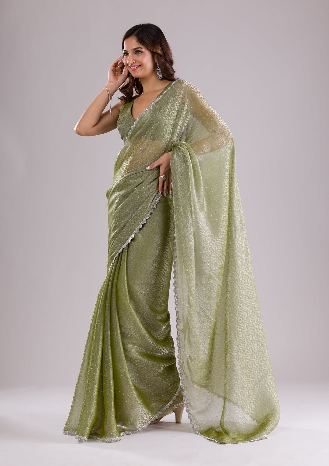 Pista Green Chikankari Georgette Designer Saree-Koskii
