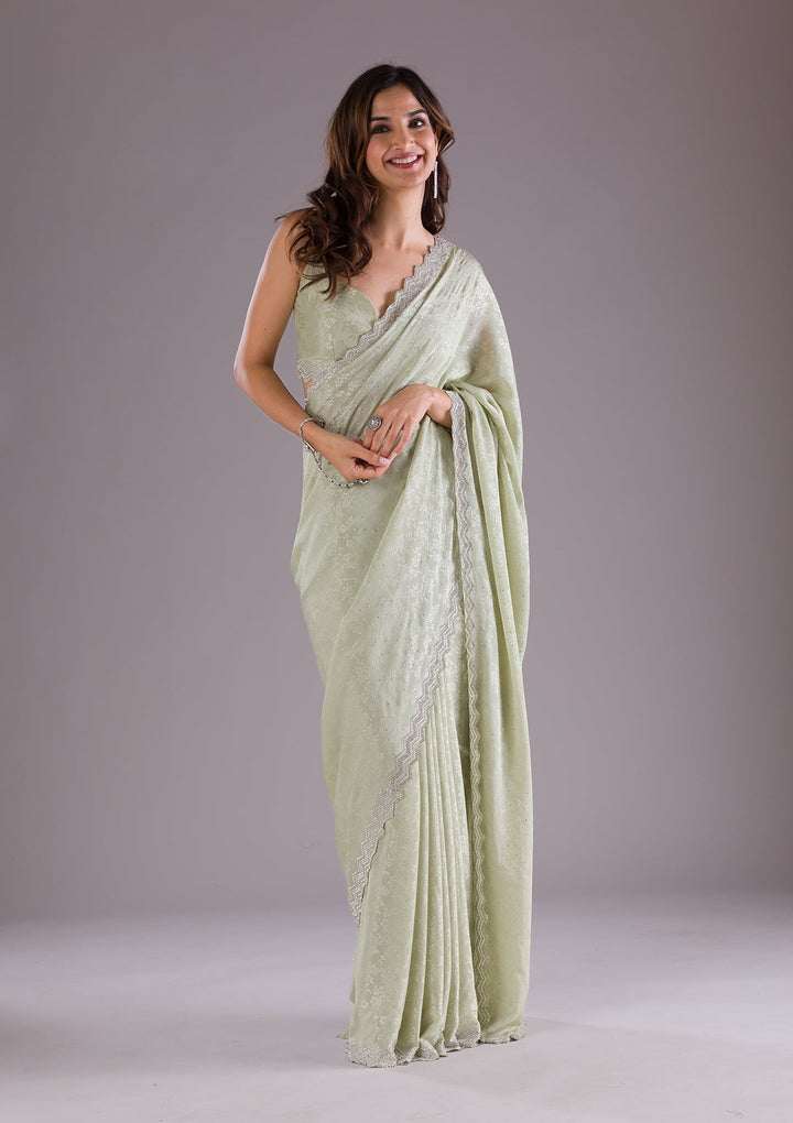 Pista Green Stonework Semi Crepe Saree-Koskii