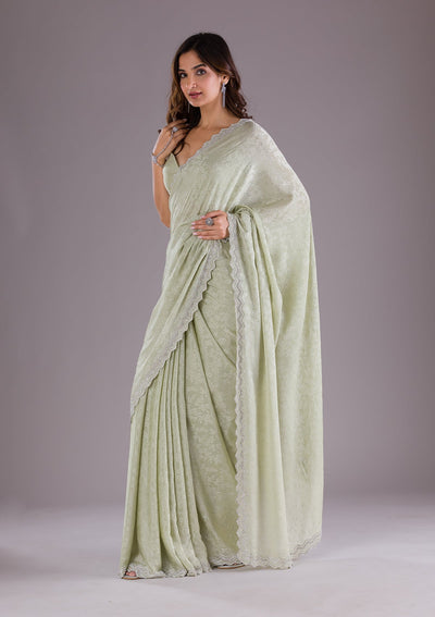 Pista Green Stonework Semi Crepe Saree-Koskii