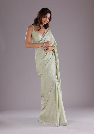 Pista Green Stonework Semi Crepe Saree-Koskii