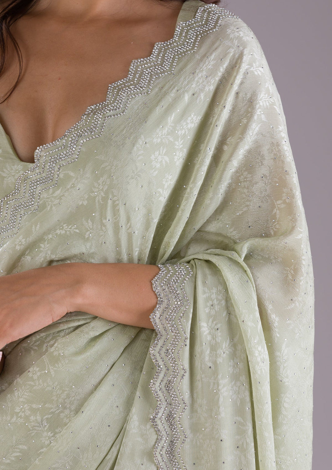 Pista Green Stonework Semi Crepe Saree-Koskii