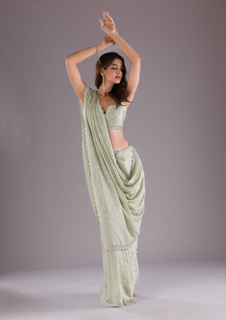 Pista Green Stonework Semi Crepe Saree-Koskii