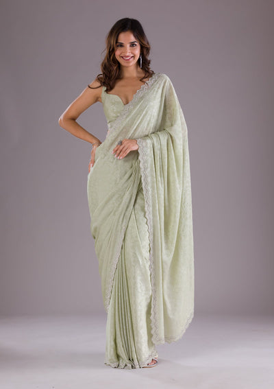 Pista Green Stonework Semi Crepe Saree-Koskii