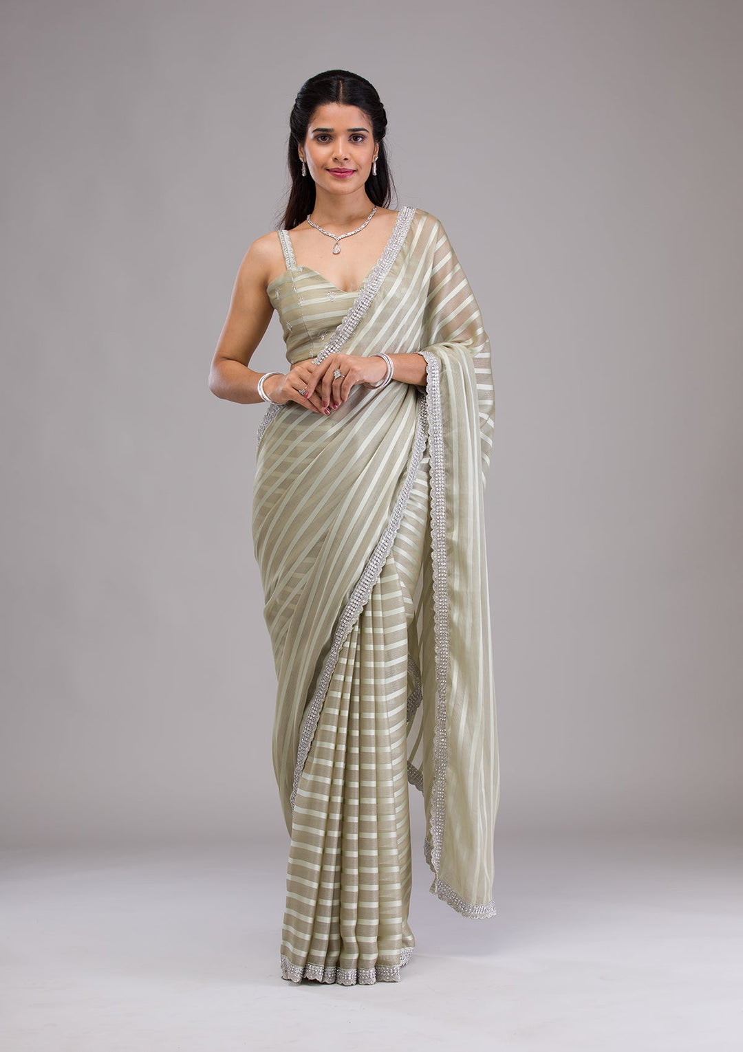Pista Green Stonework Semi Crepe Saree-Koskii